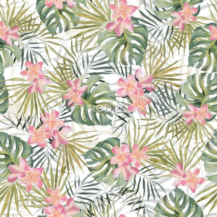Papier peint  Strelitzia, palm tree, monstera leaves. Tropical exotic bright seamless pattern. Watercolor hand made botanical print. On white background. For summer beach textile, wallpaper, wrapping paper.