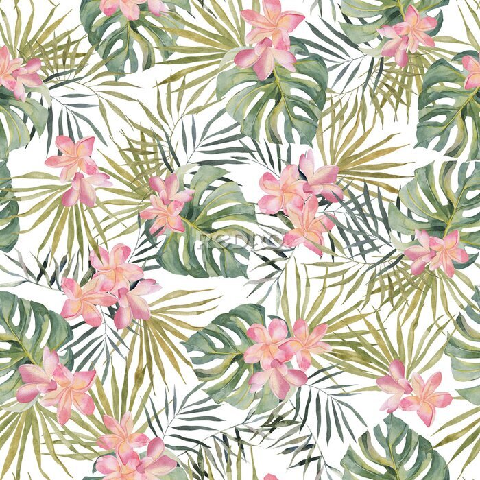Papier peint  Strelitzia, palm tree, monstera leaves. Tropical exotic bright seamless pattern. Watercolor hand made botanical print. On white background. For summer beach textile, wallpaper, wrapping paper.