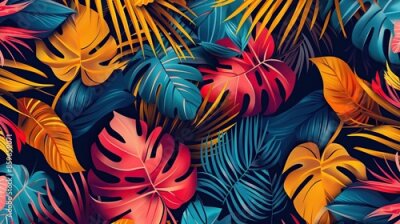 Papier peint  Strelitzia pattern. Tropical flower, blossom cluster pattern . Beautiful background with tropical flowers and palm leaves, plant and leaf.