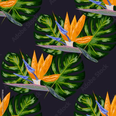 Papier peint  Strelitzia pattern. Tropical flower, blossom cluster seamless pattern. Beautiful background with tropical flowers and palm leaves, plant and leaf.