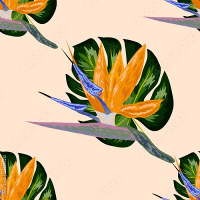 Papier peint  Strelitzia pattern. Tropical flower, blossom cluster seamless pattern. Beautiful background with tropical flowers and palm leaves, plant and leaf.