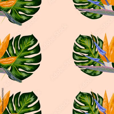 Papier peint  Strelitzia pattern. Tropical flower, blossom cluster seamless pattern. Beautiful background with tropical flowers and palm leaves, plant and leaf.