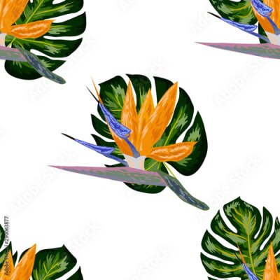 Papier peint  Strelitzia pattern. Tropical flower, blossom cluster seamless pattern. Beautiful background with tropical flowers and palm leaves, plant and leaf.