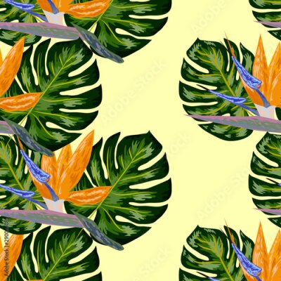Papier peint  Strelitzia pattern. Tropical flower, blossom cluster seamless pattern. Beautiful background with tropical flowers and palm leaves, plant and leaf.