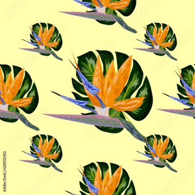 Papier peint  Strelitzia pattern. Tropical flower, blossom cluster seamless pattern. Beautiful background with tropical flowers and palm leaves, plant and leaf.