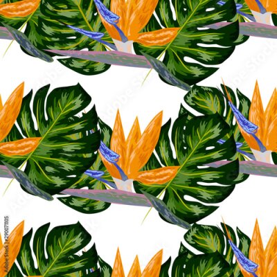 Papier peint  Strelitzia pattern. Tropical flower, blossom cluster seamless pattern. Beautiful background with tropical flowers and palm leaves, plant and leaf.