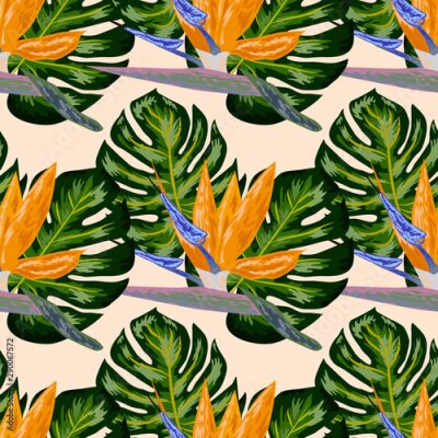 Papier peint  Strelitzia pattern. Tropical flower, blossom cluster seamless pattern. Beautiful background with tropical flowers and palm leaves, plant and leaf.