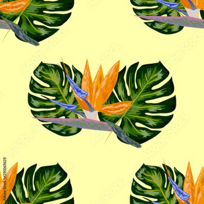 Papier peint  Strelitzia pattern. Tropical flower, blossom cluster seamless pattern. Beautiful background with tropical flowers and palm leaves, plant and leaf.
