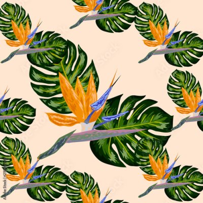 Papier peint  Strelitzia pattern. Tropical flower, blossom cluster seamless pattern. Beautiful background with tropical flowers and palm leaves, plant and leaf.