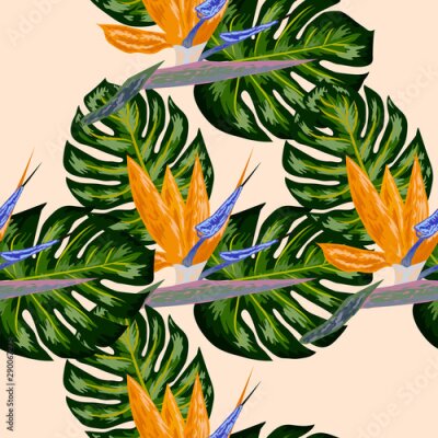 Papier peint  Strelitzia pattern. Tropical flower, blossom cluster seamless pattern. Beautiful background with tropical flowers and palm leaves, plant and leaf.