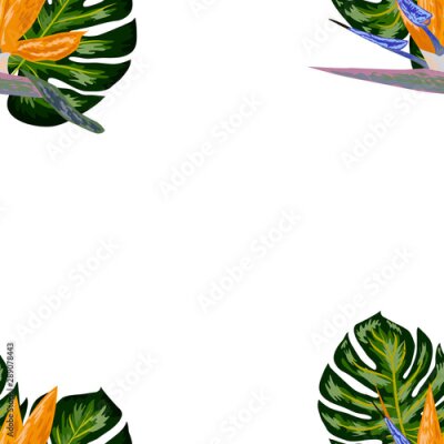 Papier peint  Strelitzia pattern. Tropical flower, blossom cluster seamless pattern. Beautiful background with tropical flowers and palm leaves, plant and leaf.