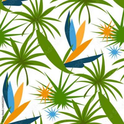 Papier peint  Strelitzia pattern with tropical leaves on a white background and abstract thorns. Botanical texture with flowers. Flat vector illustration with yellow-blue flowers. printing on textiles and paper.