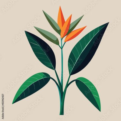 Papier peint  Strelitzia plant with vibrant flower and green leaves against a neutral beige backdrop, Strelitzia plant Customizable Cartoon Illustration