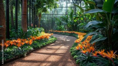 Papier peint  Strelitzia plants thrive in a botanical garden, their exotic blooms creating a spectacle of color and beauty. 