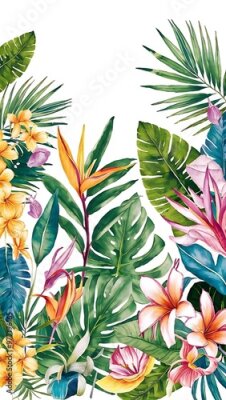 Papier peint  Strelitzia, plumeria, monstera, palm leaf. Watercolor Hand drawn botanical illustrations composition. Isolated on white background. Summer beach print. For design, textiles, wear