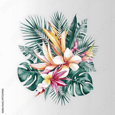 Papier peint  Strelitzia, plumeria, monstera, palm leaf. Watercolor Hand drawn botanical illustrations composition. Isolated on white background. Summer beach print. For design, textiles, wear