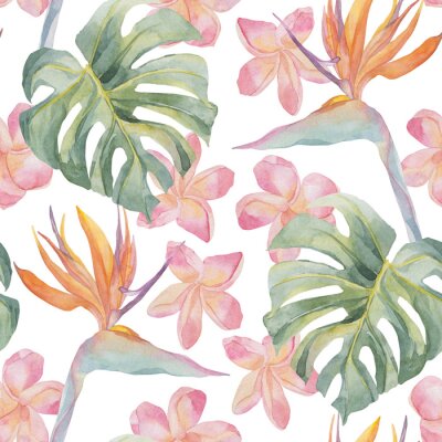 Papier peint  Strelitzia, plumeria, monstera. Tropical exotic bright seamless pattern. Watercolor hand made colorful print. On white background. For textile, wrapping paper, backgrounds.