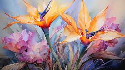 Papier peint  strelitzia reginae also called flower of paradise in watercolor format.