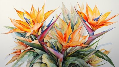 Papier peint  strelitzia reginae also called flower of paradise in watercolor format.