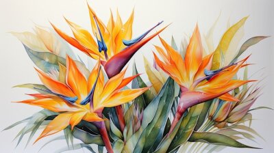 Papier peint  strelitzia reginae also called flower of paradise in watercolor format.
