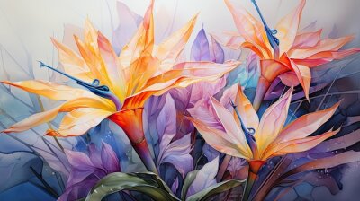 Papier peint  strelitzia reginae also called flower of paradise in watercolor format.