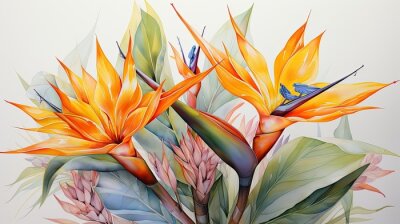 Papier peint  strelitzia reginae also called flower of paradise in watercolor format.