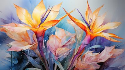 Papier peint  strelitzia reginae also called flower of paradise in watercolor format.