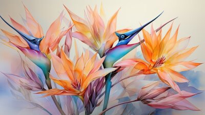 Papier peint  strelitzia reginae also called flower of paradise in watercolor format.