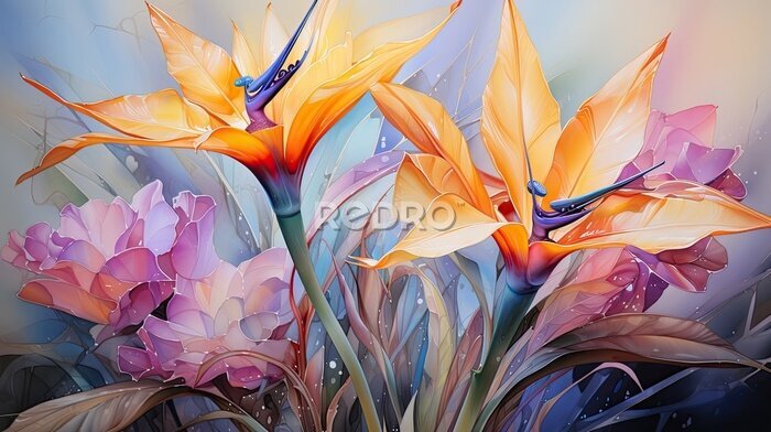 Papier peint  strelitzia reginae also called flower of paradise in watercolor format.