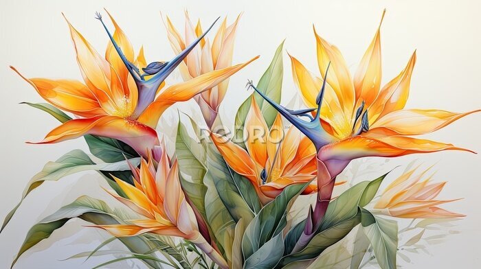 Papier peint  strelitzia reginae also called flower of paradise in watercolor format.