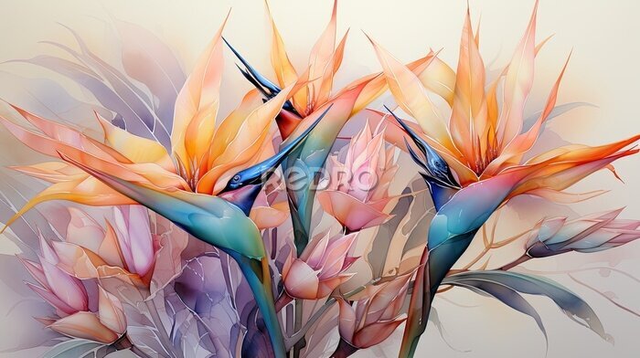 Papier peint  strelitzia reginae also called flower of paradise in watercolor format.