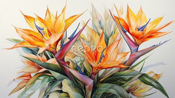 Papier peint  strelitzia reginae also called flower of paradise in watercolor format.