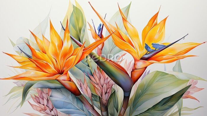 Papier peint  strelitzia reginae also called flower of paradise in watercolor format.