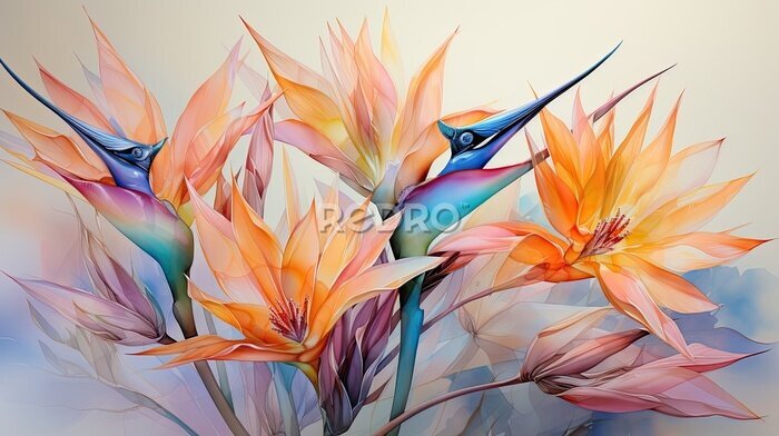 Papier peint  strelitzia reginae also called flower of paradise in watercolor format.
