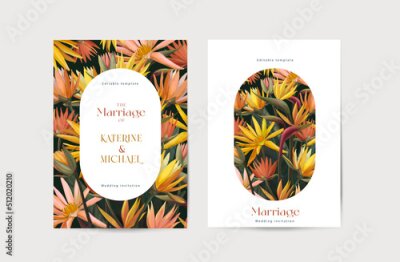 Papier peint  Strelitzia Reginae blossoms, crane flower, or bird of paradise. Illustration of a beautiful floral frame. Design for cards, party invitations, Print, Wedding, and Promotion