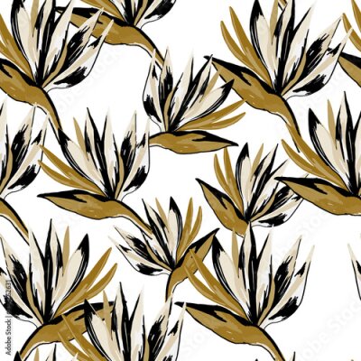 Papier peint  Strelitzia reginae crane flower pattern on black background.