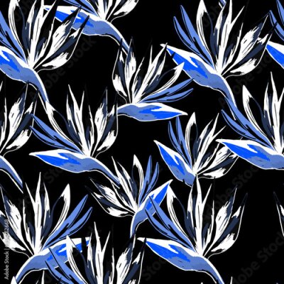 Papier peint  Strelitzia reginae crane flower pattern on black background.