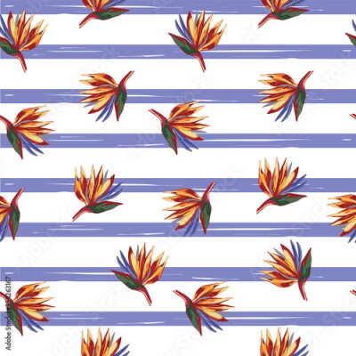 Papier peint  Strelitzia reginae crane flower pattern on lemon background.