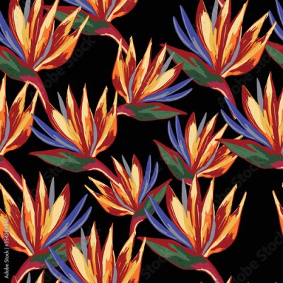 Papier peint  Strelitzia reginae crane flower pattern on lemon background.