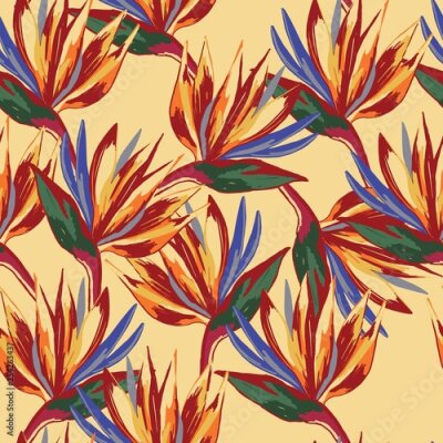 Papier peint  Strelitzia reginae crane flower pattern on lemon background.