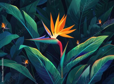 Papier peint  Strelitzia reginae flower in the jungle, vector illustration