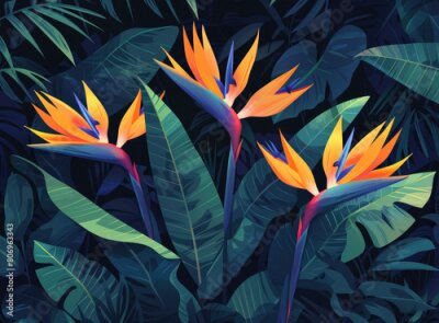 Papier peint  Strelitzia reginae flower in the jungle, vector illustration