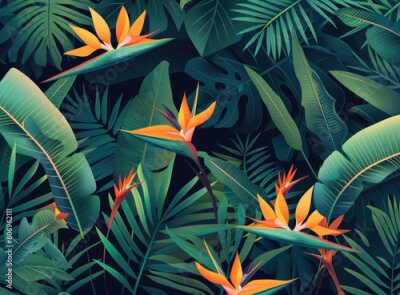 Papier peint  Strelitzia reginae flower in the jungle, vector illustration