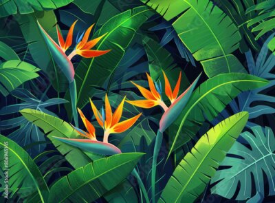 Papier peint  Strelitzia reginae flower in the jungle, vector illustration