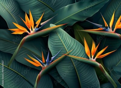 Papier peint  Strelitzia reginae flower with large leaves on a dark green background, tropical leaf texture, an exotic plant in nature shown closeup
