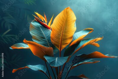 Papier peint  Strelitzia reginae flower with leaves in a dark blue background, orange star anise flower. Created with Ai