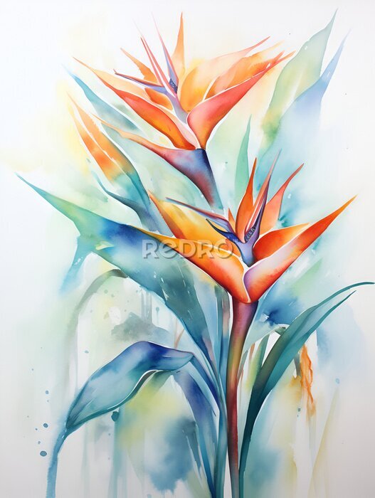 Papier peint  Strelitzia reginae flowers. Strelitzia (bird of Paradise) flower on white background. Fresh tropical flower. Exotic flora, botany plant with petals