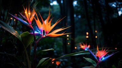 Papier peint  strelitzia reginae glowing neon at night in rainforest made with generative AI