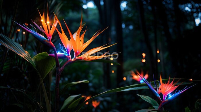Papier peint  strelitzia reginae glowing neon at night in rainforest made with generative AI