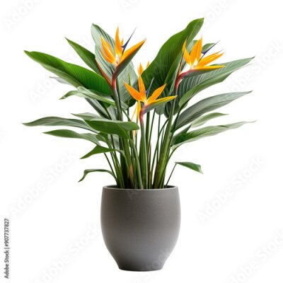 Papier peint  Strelitzia reginae in a grey pot isolated on white background